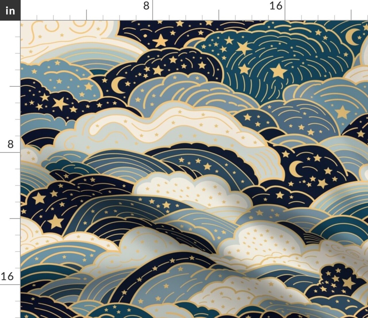Night Sky Blue Yellow Sleepy Clouds Stars Moon Serene Celestial Custom Printed Fabric by Spoonflower Various Fabrics by the Yard or Fat Quarter